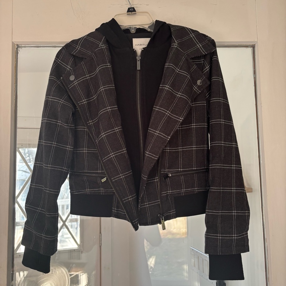 Habitual Double Zip Black Windowpane Plaid Peacoat Hoodie